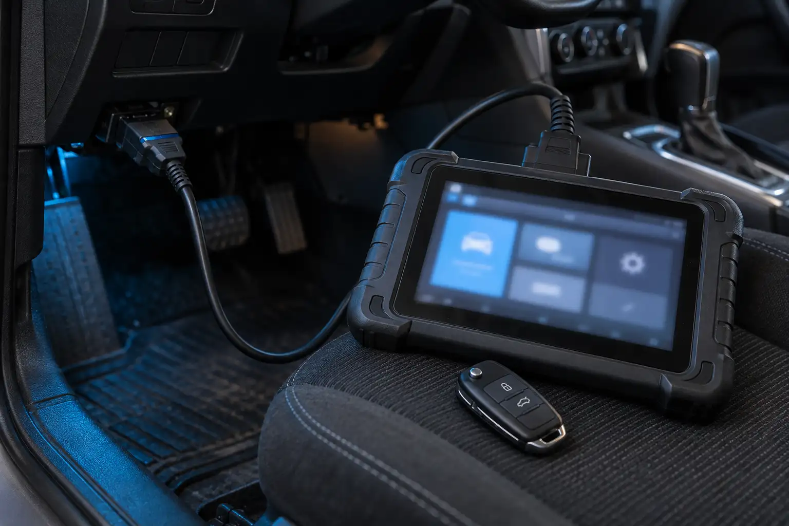OBD soketine bağlı anahtar programlama cihazı ve kumandalı anahtar